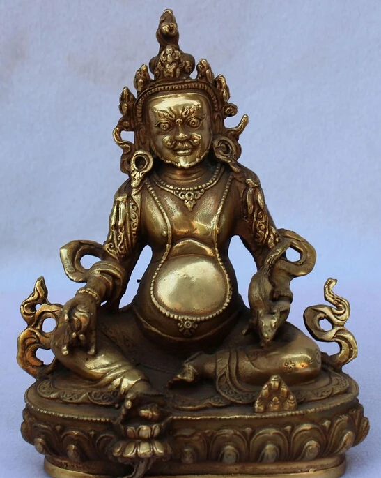 

bi002990 6"Tibet Buddhism Bronze Gilt Seat Lotus Yellow Jambhala Wealth God Buddha Statue