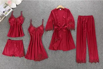 Women Pajamas 5 Pieces Satin Sleepwear Pijama Silk Home Wear Home Clothing Embroidery Sleep Lounge Pyjama with Chest Pads
Women Pajamas 5 Pieces Satin Sleepwear Pijama Silk Home Wear Home Clothing Embroidery Sleep Lounge Pyjama with Chest Pads