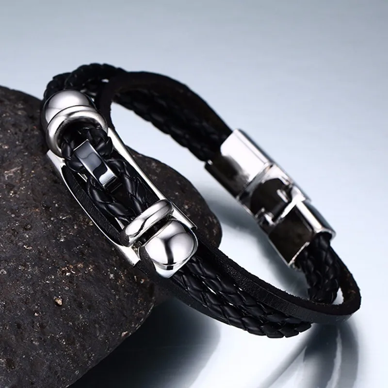 Men's Braided Charm Leather Bracelets in Black Bangle for Men S Thin Stacking Silver Tone Tube Male Jewelry 8.6 inch
Men's Braided Charm Leather Bracelets in Black Bangle for Men S Thin Stacking Silver Tone Tube Male Jewelry 8.6 inch