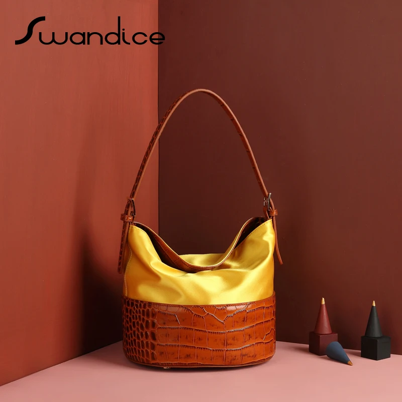 Satin Fabric Crocodile Patchwork Real Genuine Leather Vintage Box Bucket Handbags Wrist Shoulder Bags Women Female Niche Elegant
Satin Fabric Crocodile Patchwork Real Genuine Leather Vintage Box Bucket Handbags Wrist Shoulder Bags Women Female Niche Elegant