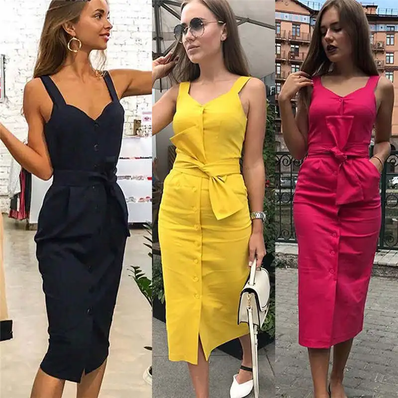 Elegant Button Women Dress Pocket Polka Dots Yellow Cotton Midi Summer Casual Female Plus Size Lady Beach Vestidos | Женская одежда