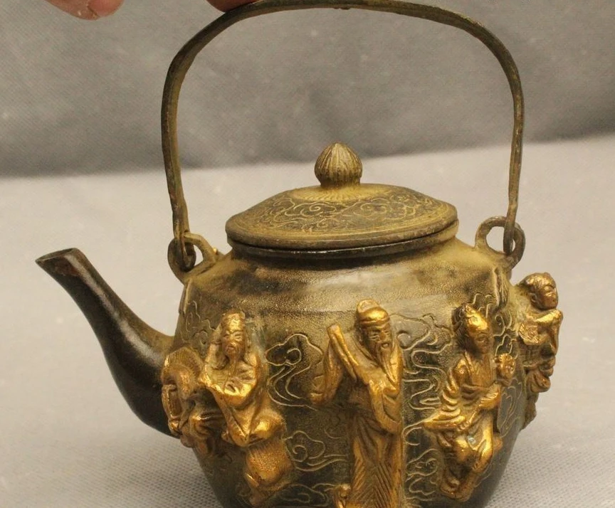 6"China Chinese Bronze Gild Lucky Eight Immortals Kettle Tea Pot Flagon
6"China Chinese Bronze Gild Lucky Eight Immortals Kettle Tea Pot Flagon