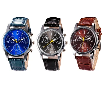 

Fashion Men Analog Business Watch Leather Band Small Working Sub-dials Arabic Number Quartz Wristwatch
