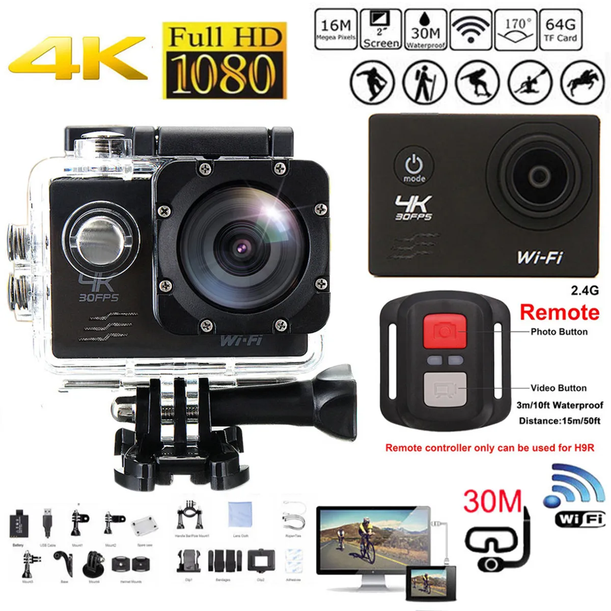 4K WiFi 2 Inch SJ8000R 1080P Full HD Sport DV Action Camera 170 Degree Wide Angle Underwater Waterproof with Remote Control
4K WiFi 2 Inch SJ8000R 1080P Full HD Sport DV Action Camera 170 Degree Wide Angle Underwater Waterproof with Remote Control
