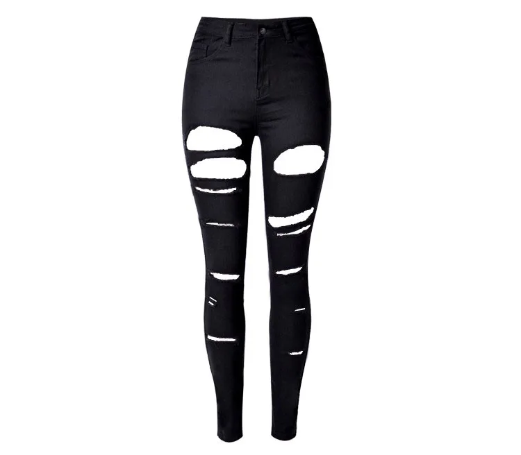Women's personality hot style high-waisted stretch shows thin irregular broken pocket with large size denim trousers (2)