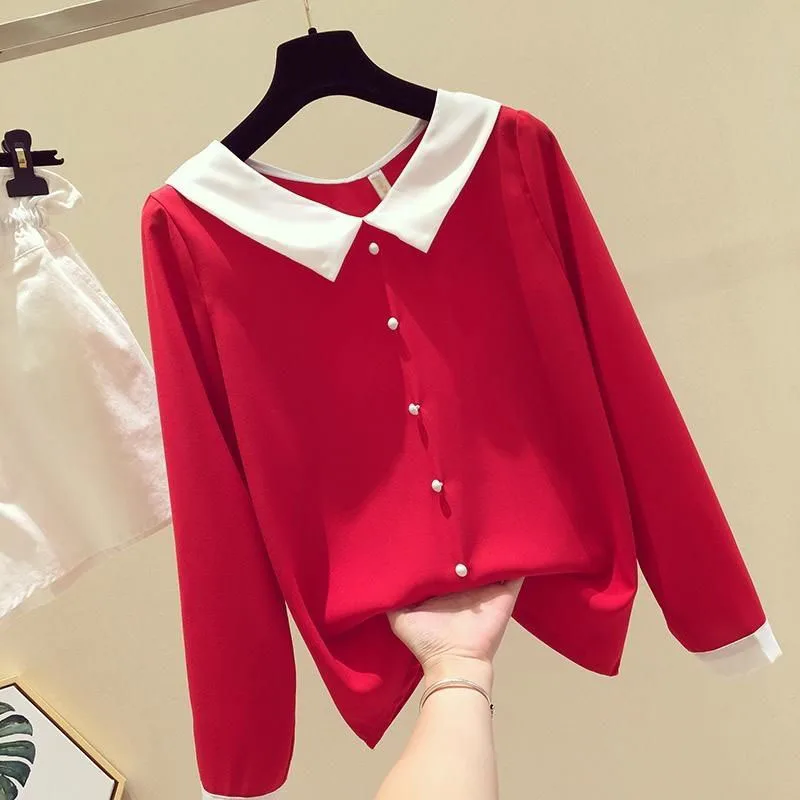 Women Spring Summer Cute Chiffon Blouses Shirts Lady Casual Peter pan Collar Long Sleeve Beading Blusas Tops DF2213
Women Spring Summer Cute Chiffon Blouses Shirts Lady Casual Peter pan Collar Long Sleeve Beading Blusas Tops DF2213