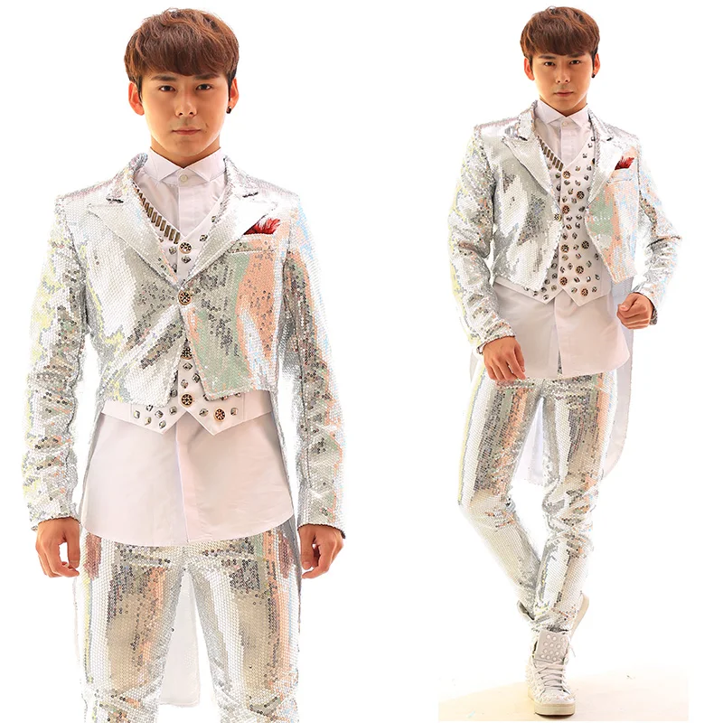 Silver Sequins Swallowtail Men Jacket Rhinestones Vest White Shirt Nightclub Male Singer Punk Slim Costume
Silver Sequins Swallowtail Men Jacket Rhinestones Vest White Shirt Nightclub Male Singer Punk Slim Costume