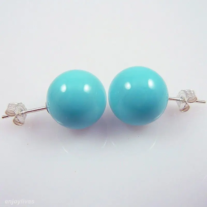 Hot sale new Style >>>>10 mm Turquoise Round Beads 925 Sterling Silver Stud Earrings | Украшения и аксессуары