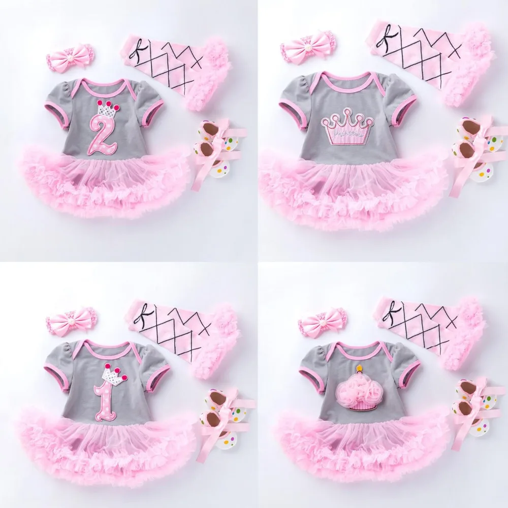 

4PCs per Set Grey Pink Cute 1st 2nd Birthday Baby Girl Tutu Dress Princess Crown Jumpersuit Headband Shoes Leggins 0-24Months