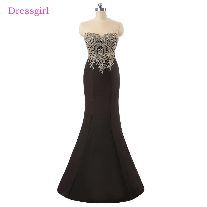 Женское вечернее платье с юбкой годе Черное длинное кружевной аппликацией и