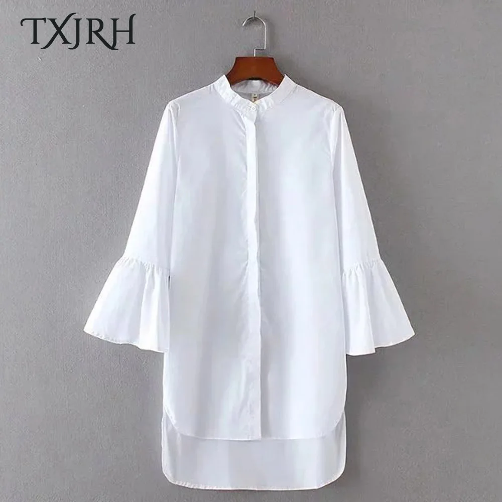 

TXJRH Fashion Long Flare Sleeve OL Shirt Sleeve Stand Collar HI-LO Blouse Casual Women Work Tops White Blusas femme SY17-04-32