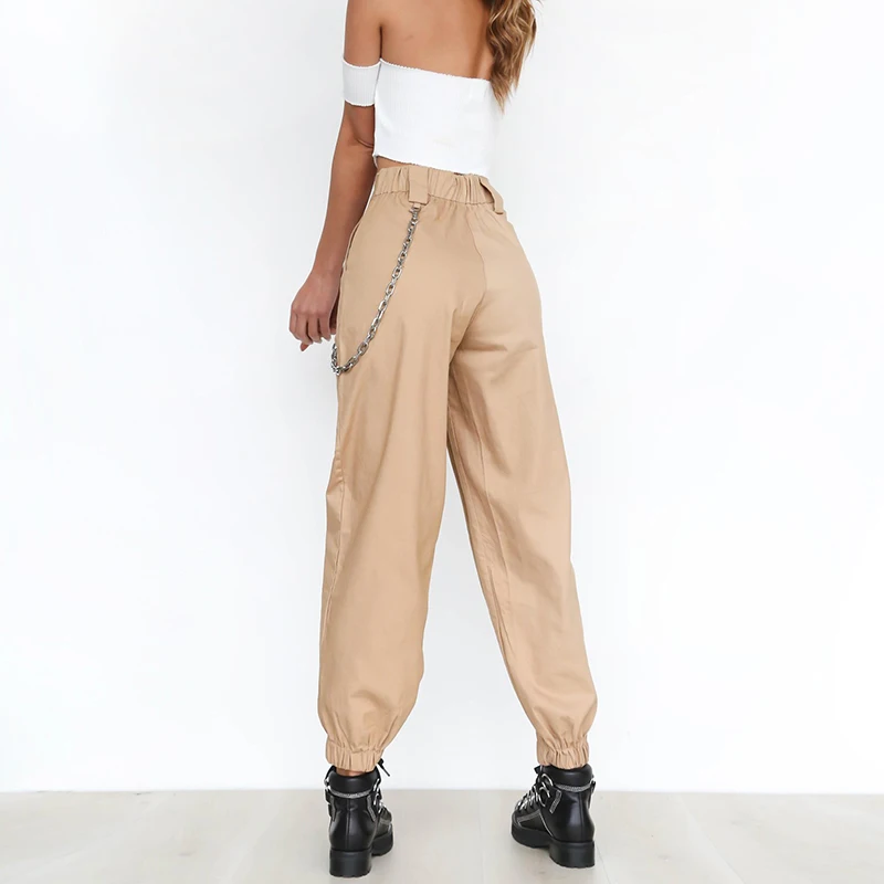2021 Street Wear Casual Khaki Cargo Pants With Chain Women Cool Trousers Black White Female