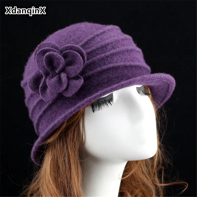 XdanqinX Autumn Winter Women's Hat 100% Wool Fedoras Elegant Fashion Lady Warm Hats Pure Flower Decoration Female Cap | Аксессуары