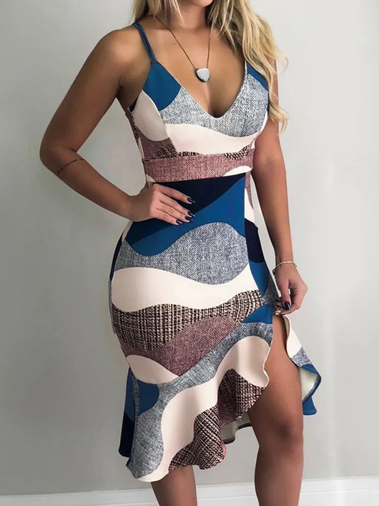 Summer Dress 2019 New Sexy Women Slip Dress Color Block Deep V Neck Irregular Ruffled Hem Slim Bodycon Mermaid Dress Blue
Summer Dress 2019 New Sexy Women Slip Dress Color Block Deep V Neck Irregular Ruffled Hem Slim Bodycon Mermaid Dress Blue