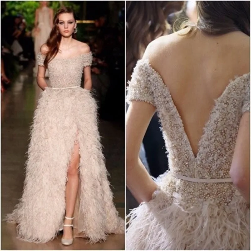 Fashion Ivory Feathers Front Split Evening Gowns Sexy Boat Backless Neck Beading Crystal Floor Length Wedding Party Dress
Fashion Ivory Feathers Front Split Evening Gowns Sexy Boat Backless Neck Beading Crystal Floor Length Wedding Party Dress