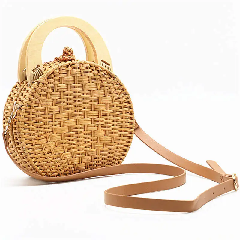 

2019 Woman Fashion Wooden Handle Rattan Knit Bag Camel White New Straw Bag Shoulder Messenger Bag Drop Shipping A4