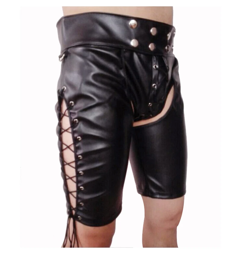 2019 Sexy Lingerie New Hot Black Mens Latex PVC Bondage Open Cortch Shorts Gothic Fetish Gay Men Faux Leather Lace Up Pants (7)