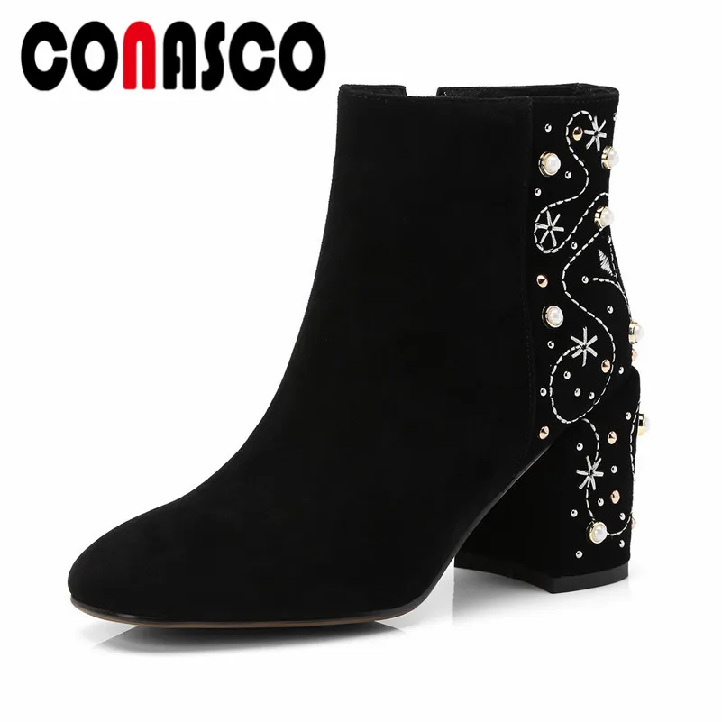 CONASCO Retro Quality Women High Heels Ankle Boots Round Toe Elegant Beading Party Wedding Shoes Woman Zipper Short Basic Boots 
CONASCO Retro Quality Women High Heels Ankle Boots Round Toe Elegant Beading Party Wedding Shoes Woman Zipper Short Basic Boots