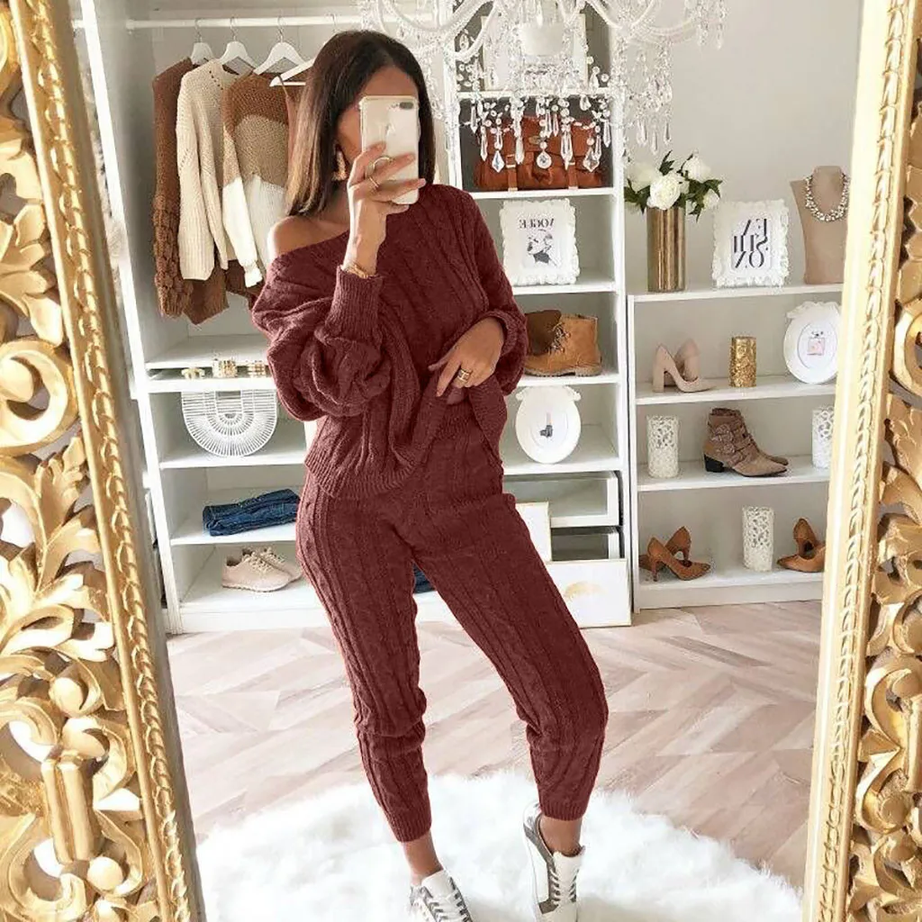 2PC Women Sweat Solid Suit Sets Fashion Off Shoulder Cable Knitted Warm Loungewear Suit Streetwear Ladies Suit Chandal Mujer
2PC Women Sweat Solid Suit Sets Fashion Off Shoulder Cable Knitted Warm Loungewear Suit Streetwear Ladies Suit Chandal Mujer