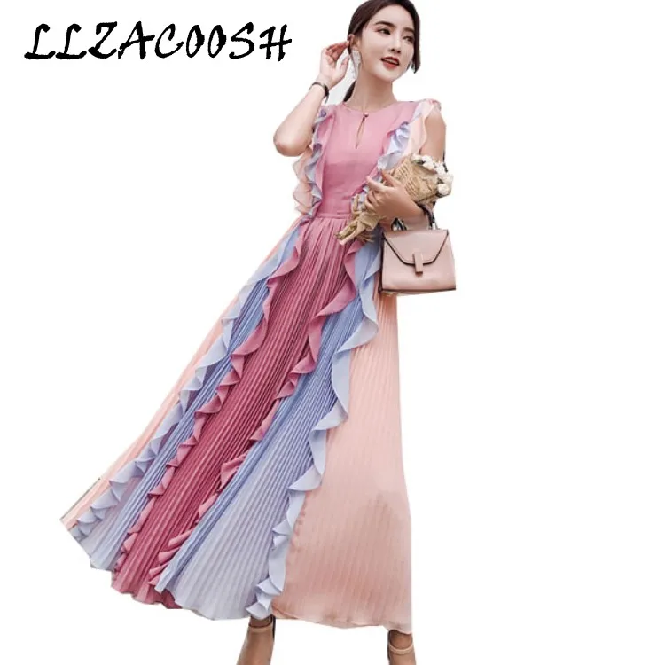 2018 New Summer Runway Designer Pleated Long Dress Women's Sleeveless Luxury Rainbow Color Patchwork Ruffles Chiffon Maxi Dress 
2018 New Summer Runway Designer Pleated Long Dress Women's Sleeveless Luxury Rainbow Color Patchwork Ruffles Chiffon Maxi Dress