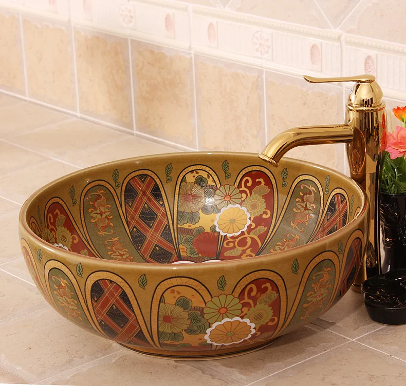 Colourful Handmade Europe Vintage Style Lavobo Ceramic Bathroom Countertop Bathroom Sink hand painted porcelain sink (1)