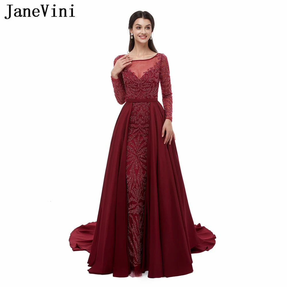 JaneVini Luxury Crystal Burgundy Long Sleeves Evening Dresses with Detachable Train Scoop Neck Heavy Beading Satin Formal Gowns
JaneVini Luxury Crystal Burgundy Long Sleeves Evening Dresses with Detachable Train Scoop Neck Heavy Beading Satin Formal Gowns