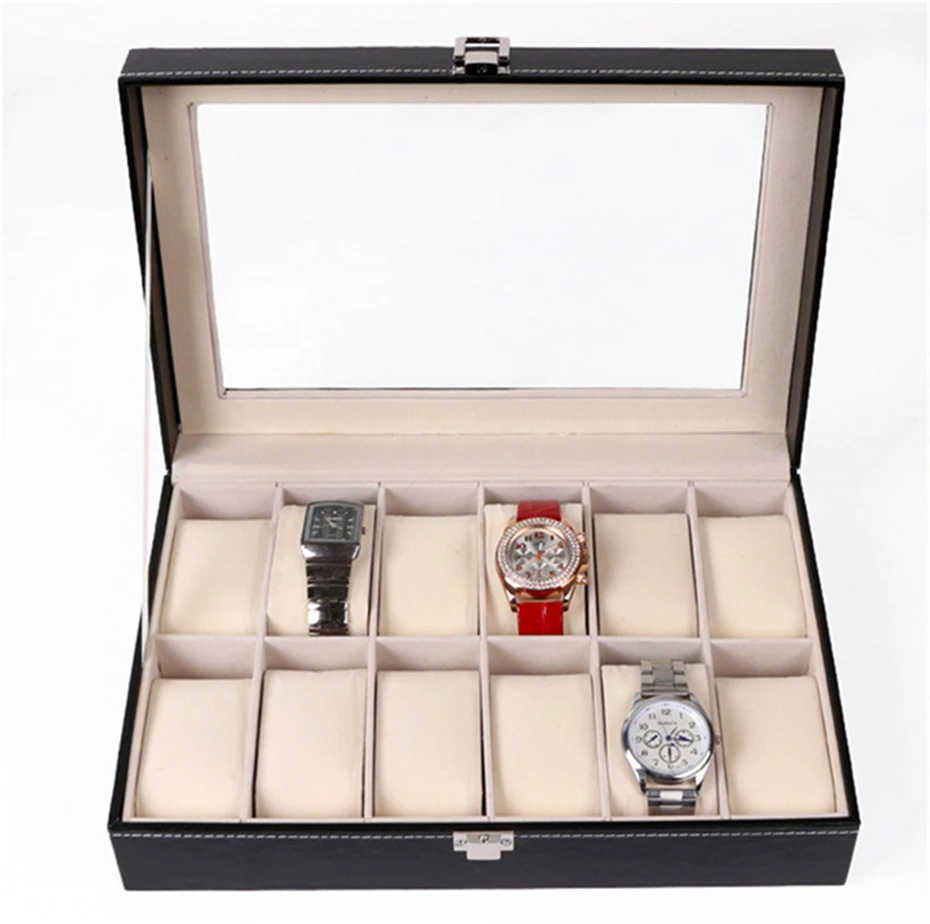 12 Grids Fashion Watch Storage Box PU Leather Black Watch Case
