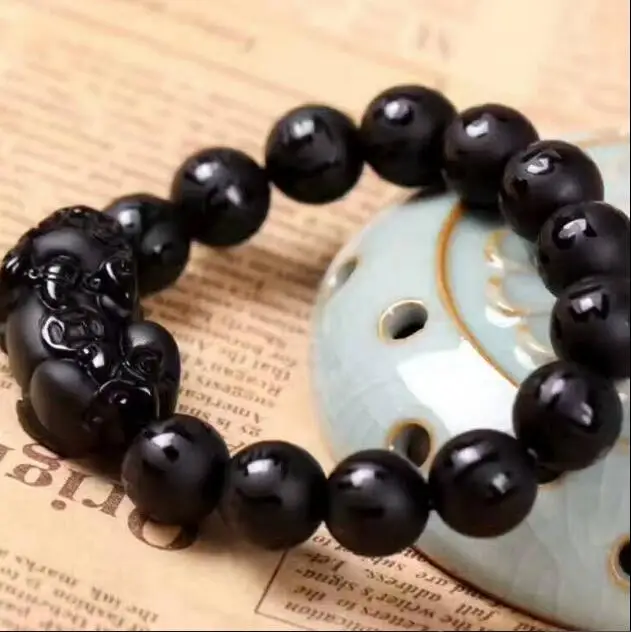 Фото Natural Obsidian Crystal Black Jade Beads Bracelet Chinese Dragon Pixiu | Украшения и аксессуары