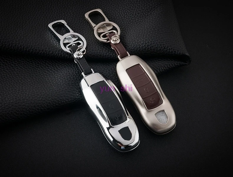 High-grade Zinc alloy+Leather Car Key Case For Porsche Start Stop Engine System Smart Key Styling Car Key Chain Protected Covers