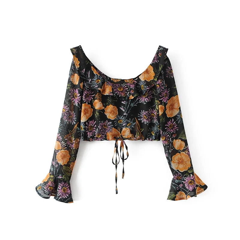 Vintage Women Floral Print Flare Sleeve Slash Neck Blouse Sexy Lace-up Short Cropped Tops Long Sleeve Feminine Blusa Streetwear
Vintage Women Floral Print Flare Sleeve Slash Neck Blouse Sexy Lace-up Short Cropped Tops Long Sleeve Feminine Blusa Streetwear