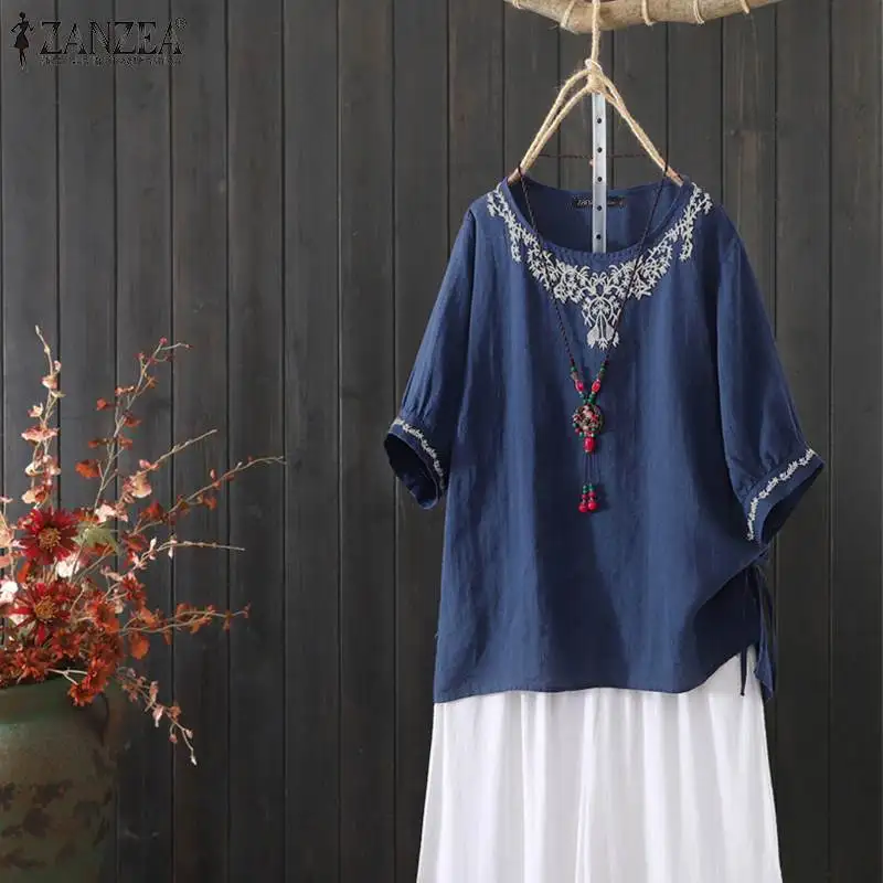ZANZEA Women Embroidery Blouse Summer Short Sleeve Shirt Plus Size Casual Split Hem Solid Tunic Tops Robe Femme Cotton Blusas
ZANZEA Women Embroidery Blouse Summer Short Sleeve Shirt Plus Size Casual Split Hem Solid Tunic Tops Robe Femme Cotton Blusas