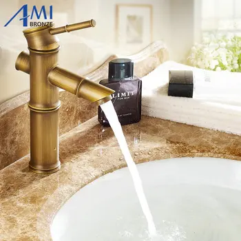 9" Antique Brass Faucet Bamboo Faucets crane Bathroom Sink Basin Mixer Tap 9033A