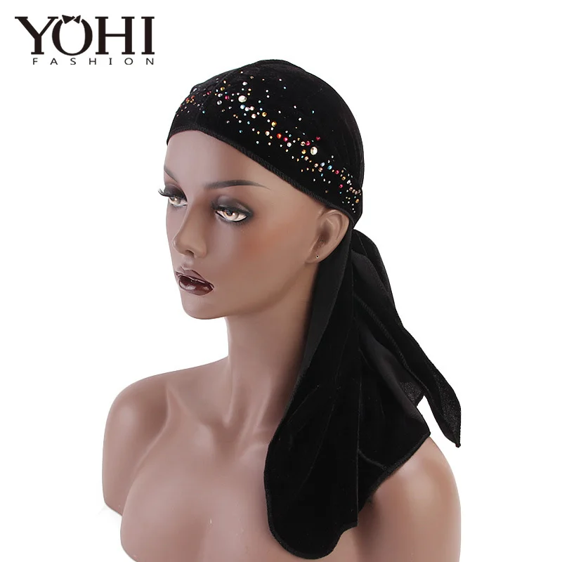 New fashion Unisex rhinestone velvet durag Wigs durag long tail headwrap doo rag chemo cap Biker Pirate hat Hair Accessories
New fashion Unisex rhinestone velvet durag Wigs durag long tail headwrap doo rag chemo cap Biker Pirate hat Hair Accessories