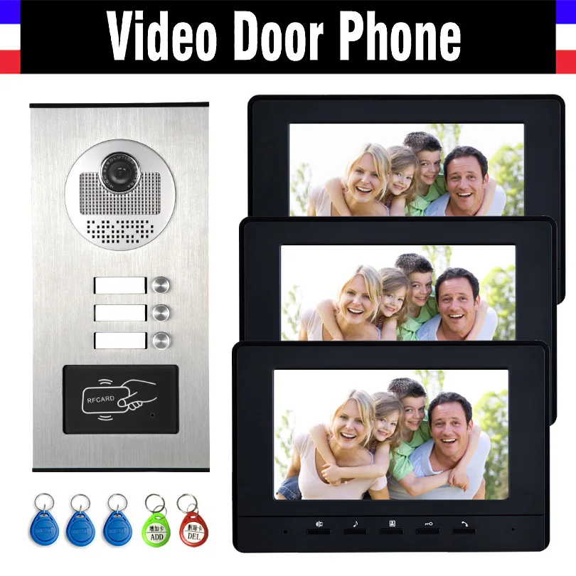 3 Units Apartment Intercom System Video Intercom Video Door Phone Kit HD Camera 7" Monitor with RFID keyfobs for 3 Household
3 Units Apartment Intercom System Video Intercom Video Door Phone Kit HD Camera 7" Monitor with RFID keyfobs for 3 Household