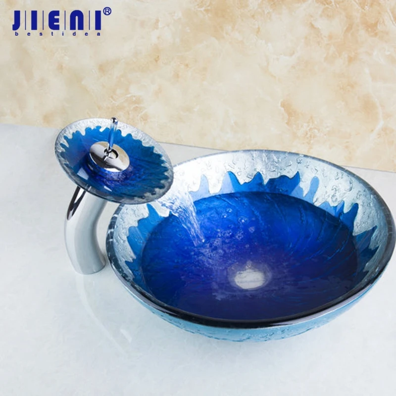 

JIENI Blue Painting Color Round Bathroom Art Washbasin Clear Tempered Glass Vessel Sink With Waterfall Chrome Faucet Set