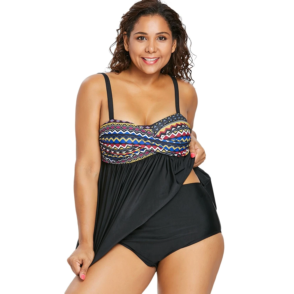 

Plus Size Bustier Tankini Set Chevron Zig Zag Print High Waisted Swimwear Two Piece Swimsuit Large Beachwear 5XL Swimming Suit