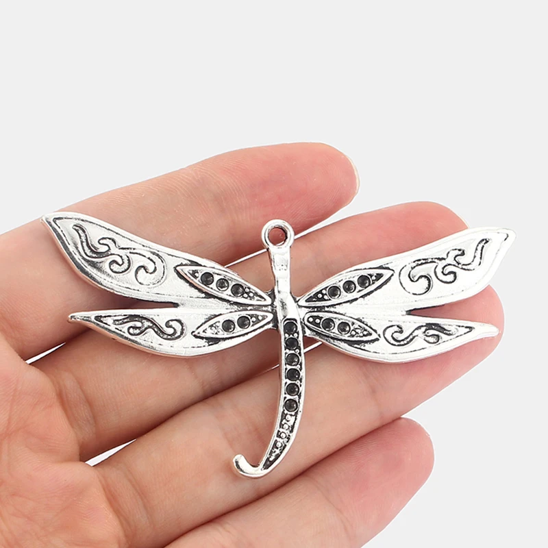 

4pcs Atique Silver dragonfly Carved Flower Pendant For Necklace Jewelry Marking Findings Accessories 77*42mm