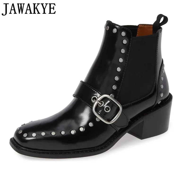 

Punk style rivets studded Ankle Boots for women round toe zipper Strap buckled 2018 Riding martin Booties Zapatos Mujer