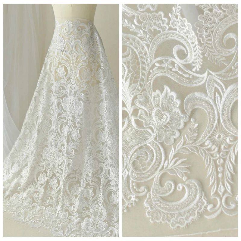 Luxury 130cm Wide Good Quality Embroidery White Lace Beaded Sequins Handmade Diy Clothing Wedding Dress Chinese Brocade Fabric
Luxury 130cm Wide Good Quality Embroidery White Lace Beaded Sequins Handmade Diy Clothing Wedding Dress Chinese Brocade Fabric