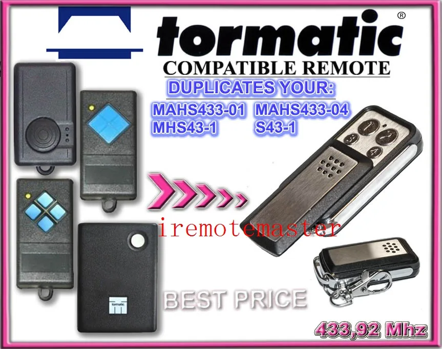 TORMATIC MAHS433-01,MAHS433-04,MHS43-1,S43-1 remote control replacement 433,92mhz
TORMATIC MAHS433-01,MAHS433-04,MHS43-1,S43-1 remote control replacement 433,92mhz