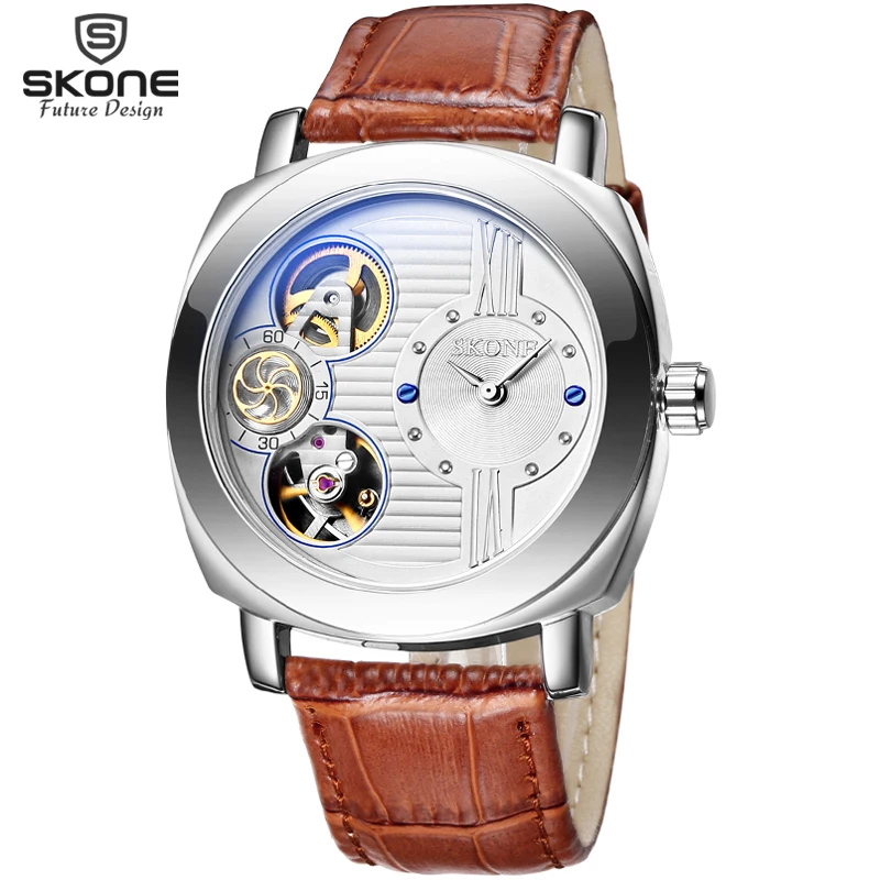 

SKONE Automatic Watches Men Mechanical Quartz Dual Movt New Brand Genuine Leather Casual Sport Skeleton Watch relogio masculino