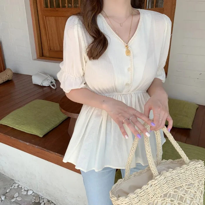Sweet Skirt Hem Elastic Waist Blouse V Neck Ruffles Summer Shirt Women Top Chemise Femme Chemisier Blusa Mujer Camisa
Sweet Skirt Hem Elastic Waist Blouse V Neck Ruffles Summer Shirt Women Top Chemise Femme Chemisier Blusa Mujer Camisa