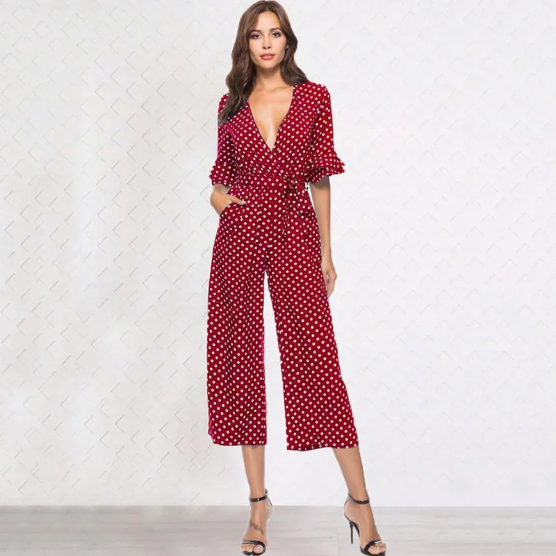 Women Vintage Jumpsuits Summer V-neck Dots Print Playsuit Sashes Pockets Ruffle Sleeve Overalls Office Lady Wide Leg Playsuits 
Women Vintage Jumpsuits Summer V-neck Dots Print Playsuit Sashes Pockets Ruffle Sleeve Overalls Office Lady Wide Leg Playsuits