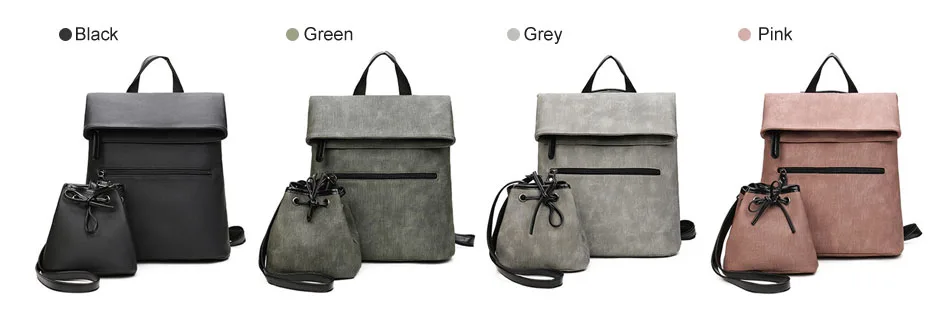 iStylishMall- 2 PCS/SET Vintage Backpack Women PU Leather Backpacks with Shoulder Bag School Bags for Teenagers Black Female mochila