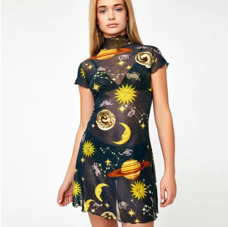 sun moon print mesh see-through sexy high neck ruffles lace dresses short sleeve high waist 2019 women fashion party clothes
sun moon print mesh see-through sexy high neck ruffles lace dresses short sleeve high waist 2019 women fashion party clothes