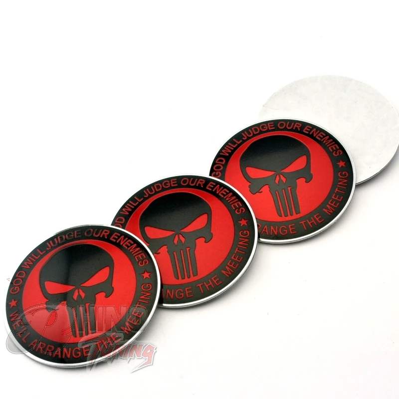 Image 4 X 56.5mm The Punisher Badge Emblem Red Skull God Will Judge Our Enemles Car Wheel Center Sticker 431a