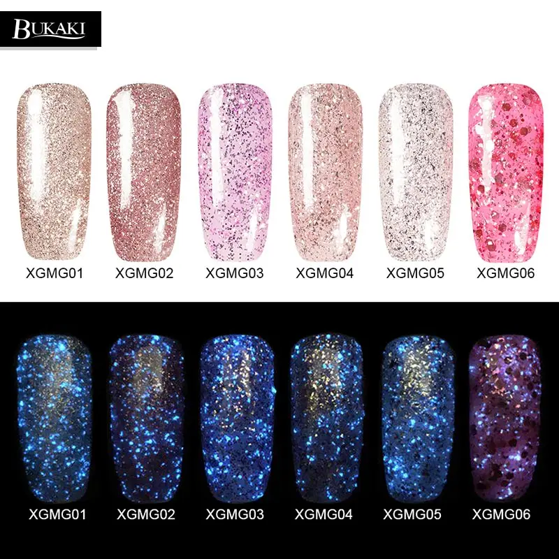 

BUKAKI Glow in the Dark Nails Changing Color 8ml Rose Glitter UV Gel Lacquer Hybrid 3D Fluorescent Nail Design Gel Varnish