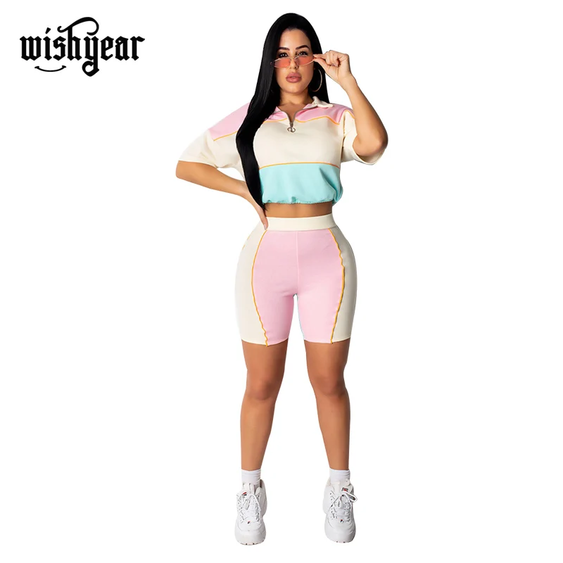 Wishyear Contrast Colorful Patchwork Women Tracksuit Two Piece Set Summer Zipper Turn Down Collar Short Sleeve Crop Top + Shorts
Wishyear Contrast Colorful Patchwork Women Tracksuit Two Piece Set Summer Zipper Turn Down Collar Short Sleeve Crop Top + Shorts