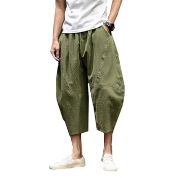 

Summer Wide Crotch Harem Pants Mens Leg Bloomers Pants Nice Male Casual Cropped Comfortable Cotton Linen Trousers Big Size M-4XL