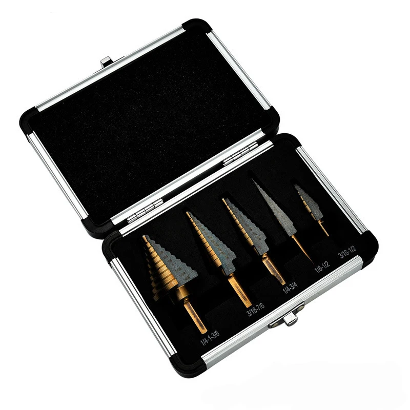 5pc aluminum boxed inch black and yellow triangle handle high speed steel step drill wood hole opener set
5pc aluminum boxed inch black and yellow triangle handle high speed steel step drill wood hole opener set